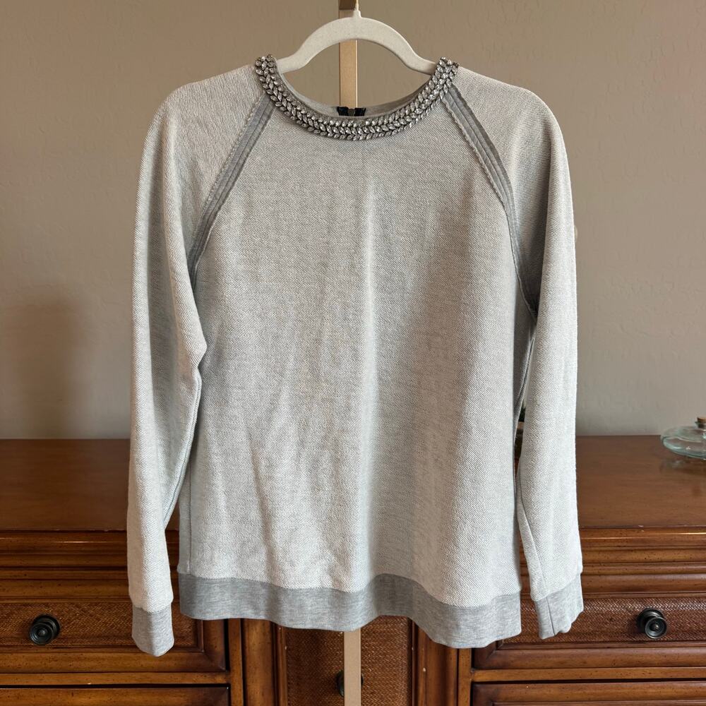 Haute Hippie Crystal Herringbone Neck Sweatshirt Light Heather Grey M NWOT - Picture 3 of 10